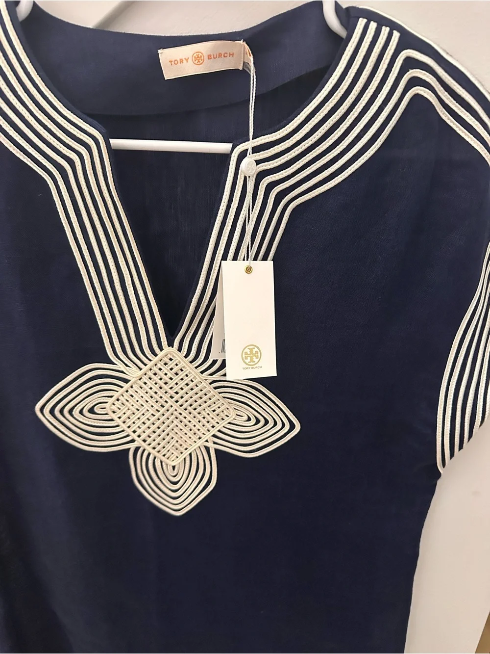 Tory Burch Navy Swim Cover-Up with Cream Embroidered Neckline